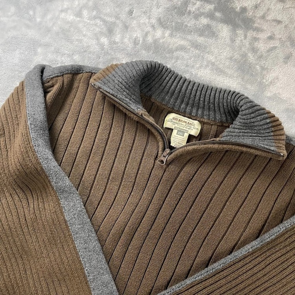 American Rag Cie Mens Sweater 1/4 Zip Size 2XL Brown Vertical Rib Knit Ribbing